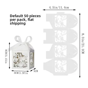 Detail view of white laser-cut bird candy box with ribbon showing flat and assembled sizes