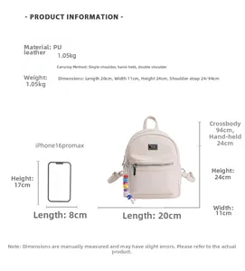 Tableau des tailles détaillé pour sac à dos en similicuir avec dimensions et comparaison