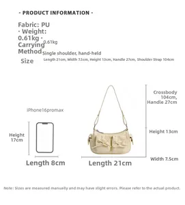 Tableau des tailles du sac à bandoulière beige en cuir PU avec détails de nœuds et mesures