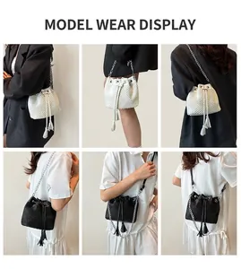 Detailed views of bucket bag with wave texture tassel drawstring and chain strap