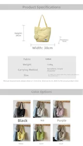 Detailed size chart and multi-color fabric tote bags featuring compact round pouches