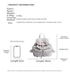 Detailed size chart of the nylon backpack with iPhone 16 Pro Max for scale comparison