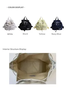 Detail view showing internal zipper pocket and four color options for the nylon backpack