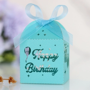 Light blue hollow Happy Birthday candy gift box with elegant ribbon and laser cut balloons