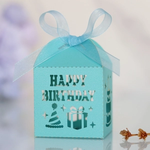 Detailed laser-cut Happy Birthday candy box in light blue with ribbon and hollow pattern