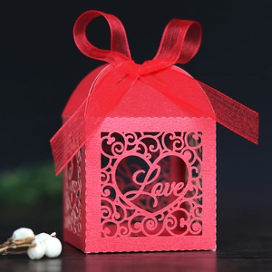 Detailed macro view of laser-cut heart pattern and Love text on red wedding favor box