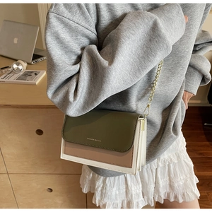 Detailed view of tricolor crossbody bag with gold chain strap and fashion logo