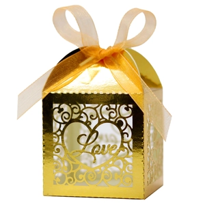 Laser cut gold LOVE candy box with ribbon for weddings and romantic parties
