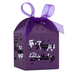Detailed laser-cut purple candy box with Happy Birthday text and elegant organza ribbon bow