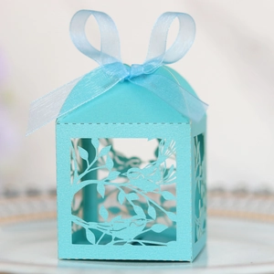 Detailed laser-cut love bird candy box in sky blue with elegant organza ribbon bow