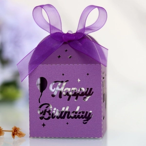 Detail of purple Happy Birthday laser cut candy box with elegant organza ribbon