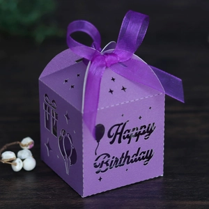 Detail of purple Happy Birthday hollow gift box with laser-cut balloons and ribbon bow