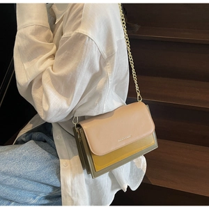 Detail of color-block chain crossbody bag in beige, yellow and olive green tones