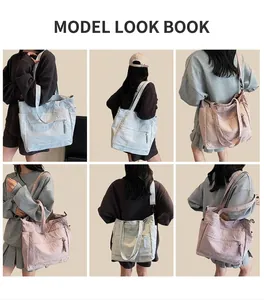 Collage of model wearing a large nylon tote bag in light blue and pink colors