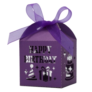 Purple laser cut Happy Birthday candy box with elegant ribbon for party favors