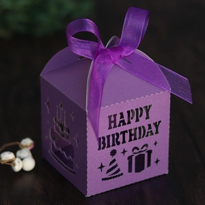 Detail of purple Happy Birthday hollow candy box with translucent organza ribbon bow