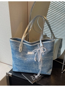 Large Capacity Women Denim Canvas Tote Bag With Artificial Pearl Lace Bow Charm Glitter Stars Silver Trim Commuter Shoulder Bag