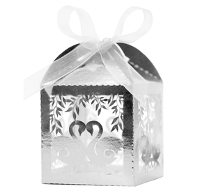 Detailed laser-cut silver wedding favor box featuring swan motifs and a white organza ribbon