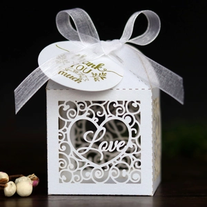 Detail showing laser-cut LOVE heart pattern and Thank You tag on white pearl paper box