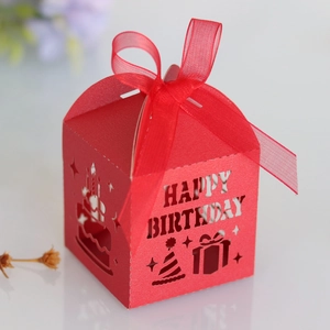 Detail of red Happy Birthday hollow laser-cut candy gift box with silk ribbon bow