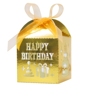 Golden mirror finish laser-cut Happy Birthday candy gift box with orange ribbon