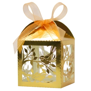 European gold laser-cut love bird candy box with ribbon for wedding party favors