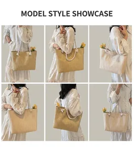 Collage of model wearing a large straw tote bag with white rope handles and chic weave