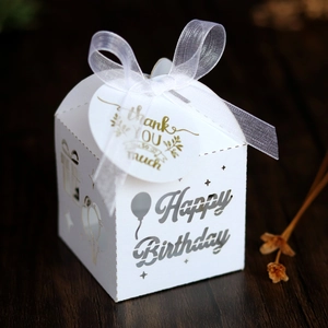 White Happy Birthday hollow favor box with balloon laser-cut detail and thank you tag