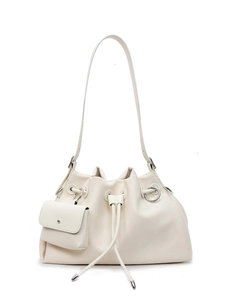 Chic cream white leather bucket bag with drawstring closure and mini pouch on white background
