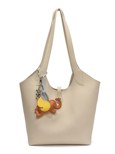 Minimalist cream faux leather tote bag with unique elephant charm and litchi texture