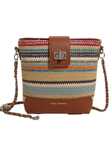 Colorful woven straw bucket bag with multi-color stripes and leather chain strap for beach