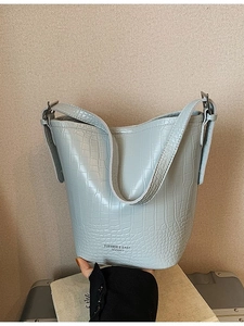 Fashion light blue crocodile embossed leather bucket bag with wide adjustable strap