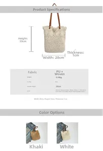 Detailed dimension guide for woven tote bag featuring PU handles and measurement specs