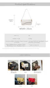 Detailed size specifications and color options for the minimalist PU leather flap handbag