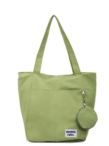 Large grass green canvas tote bag with front pocket and round coin purse attachment