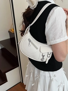 White lychee pattern leather shoulder bag with chic silver zippers and crescent shape