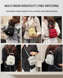 Detailed views of mini quilted backpacks showing diverse colors and multiple carrying styles