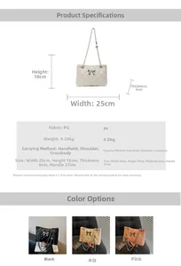 Detailed view of quilted chain bag with silver metal bow and dimensions of 25x18x6 cm