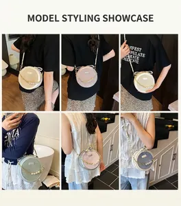 Detailed views of multi-color woven round crossbody bags with pearl chain accents