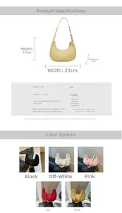 Detailed size chart and multi-color options for the stylish PU half-moon dumpling bag