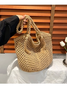 Women Hollow Out Woven Straw Shoulder Bag Large Capacity Summer Beach Tote With Tassels Bohemian Casual Vacation Handbag