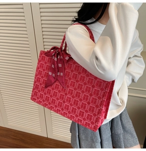 Red tote bag with traditional Chinese Double Happiness jacquard and decorative silk scarf