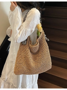Women Large Capacity Woven Straw Tote Bag With Hollow Floral Pattern Colorful Ribbon Shoulder Strap Bohemian Beach Handbag