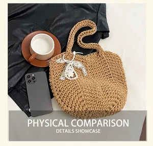 Detailed close-up of a woven beige handbag with lace bow and pearl chain accessories
