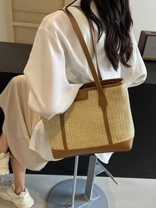 Large woven straw tote bag with brown leather straps for women summer daily commute