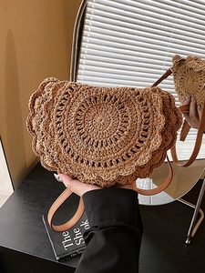 Summer Bohemian Woven Crochet Saddle Bag For Women Fashion Scalloped Edge Straw Crossbody Bag Casual Versatile Shoulder Bag