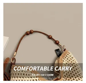 Detail of hand-woven crochet tote with brown wooden beads and two-tone knit texture