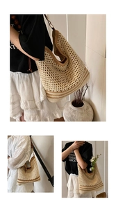 Detail of woven tote bag with brown leather straps, wood beads and beige crochet texture