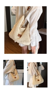 Detail of crochet woven tote bag with wooden beads and casual fashion leather patch