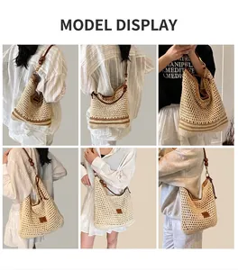 Detail of woven tote bag featuring brown leather straps and decorative wooden beads